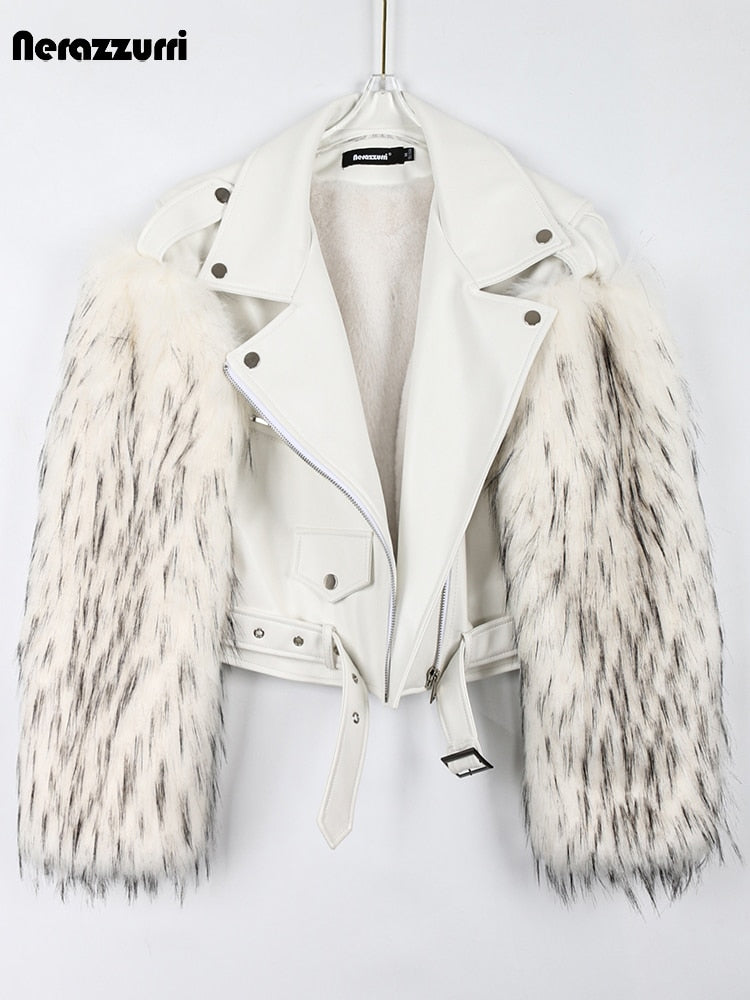 Motorcycle Jackets Winter Thick Warm Cool Short White Leather Biker Jacket with Faux Fur Inside and Long Sleeve Runway Designer 