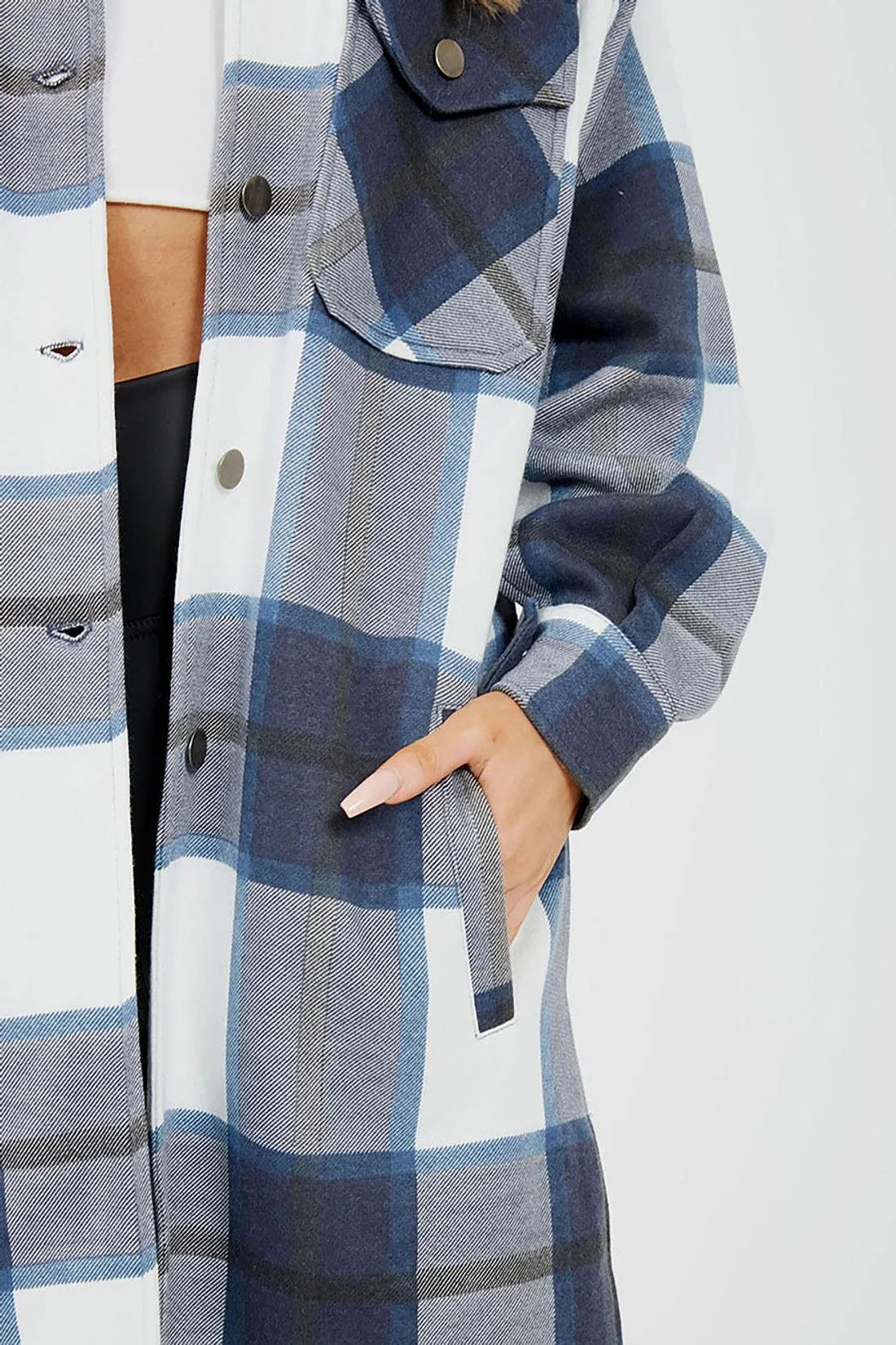 Navy Longline Thick Colour Block Checked Shirt Jacket