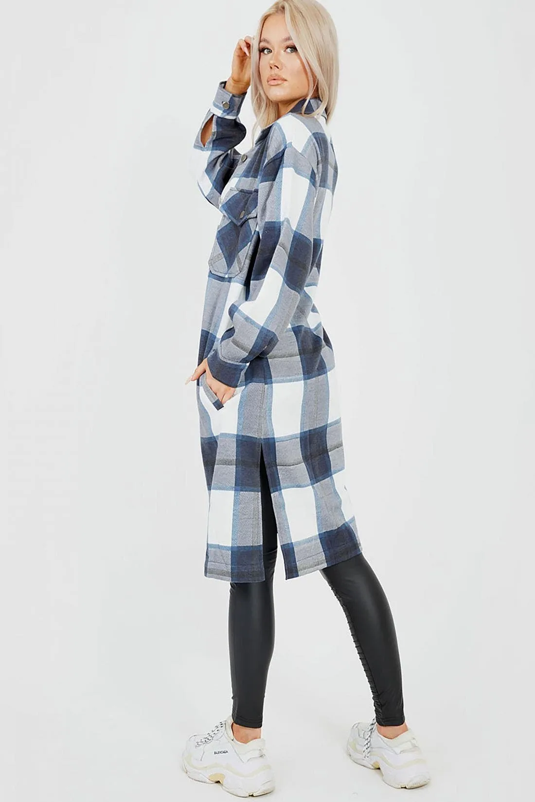 Navy Longline Thick Colour Block Checked Shirt Jacket