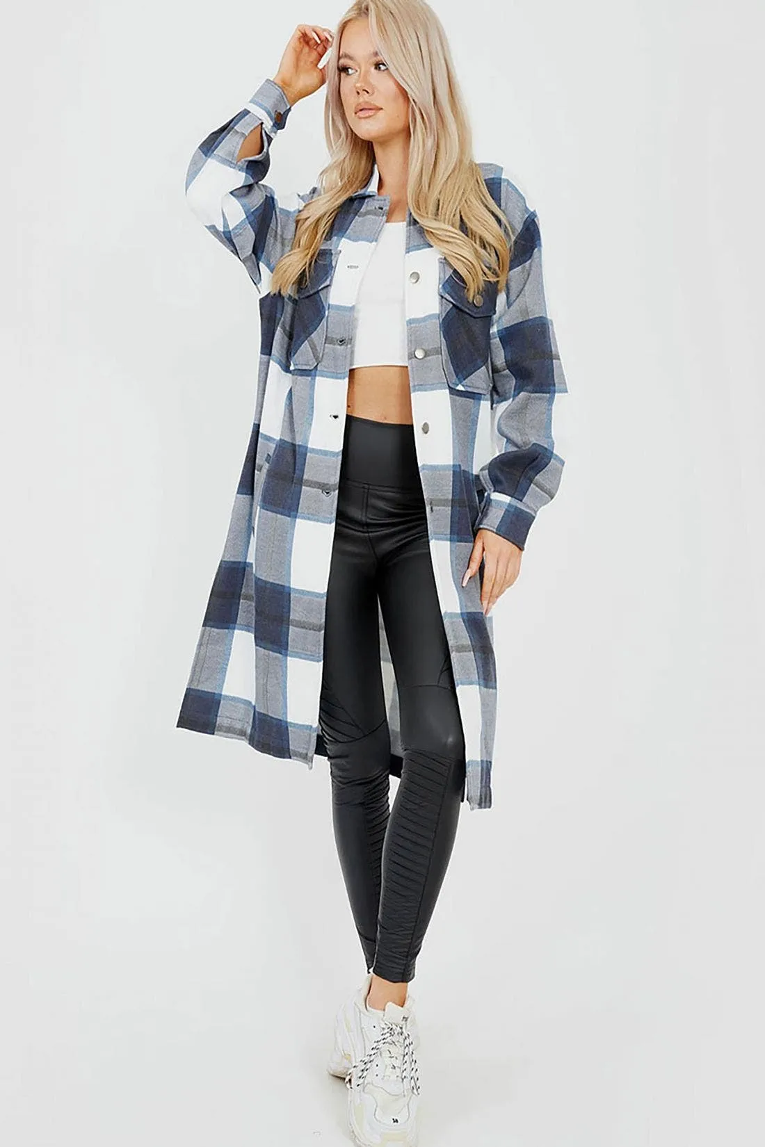 Navy Longline Thick Colour Block Checked Shirt Jacket