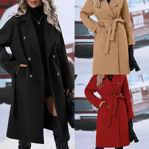 New Solid Color Lapel Thickened Dragon And Phoenix Woolen Lace-up Double-breasted Long Women's Trench Coat