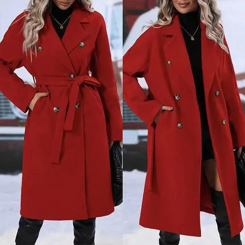 New Solid Color Lapel Thickened Dragon And Phoenix Woolen Lace-up Double-breasted Long Women's Trench Coat