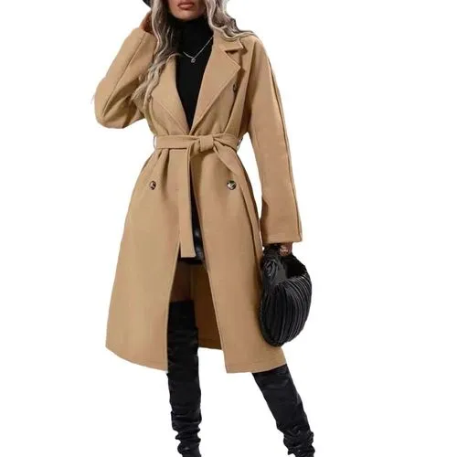 New Solid Color Lapel Thickened Dragon And Phoenix Woolen Lace-up Double-breasted Long Women's Trench Coat