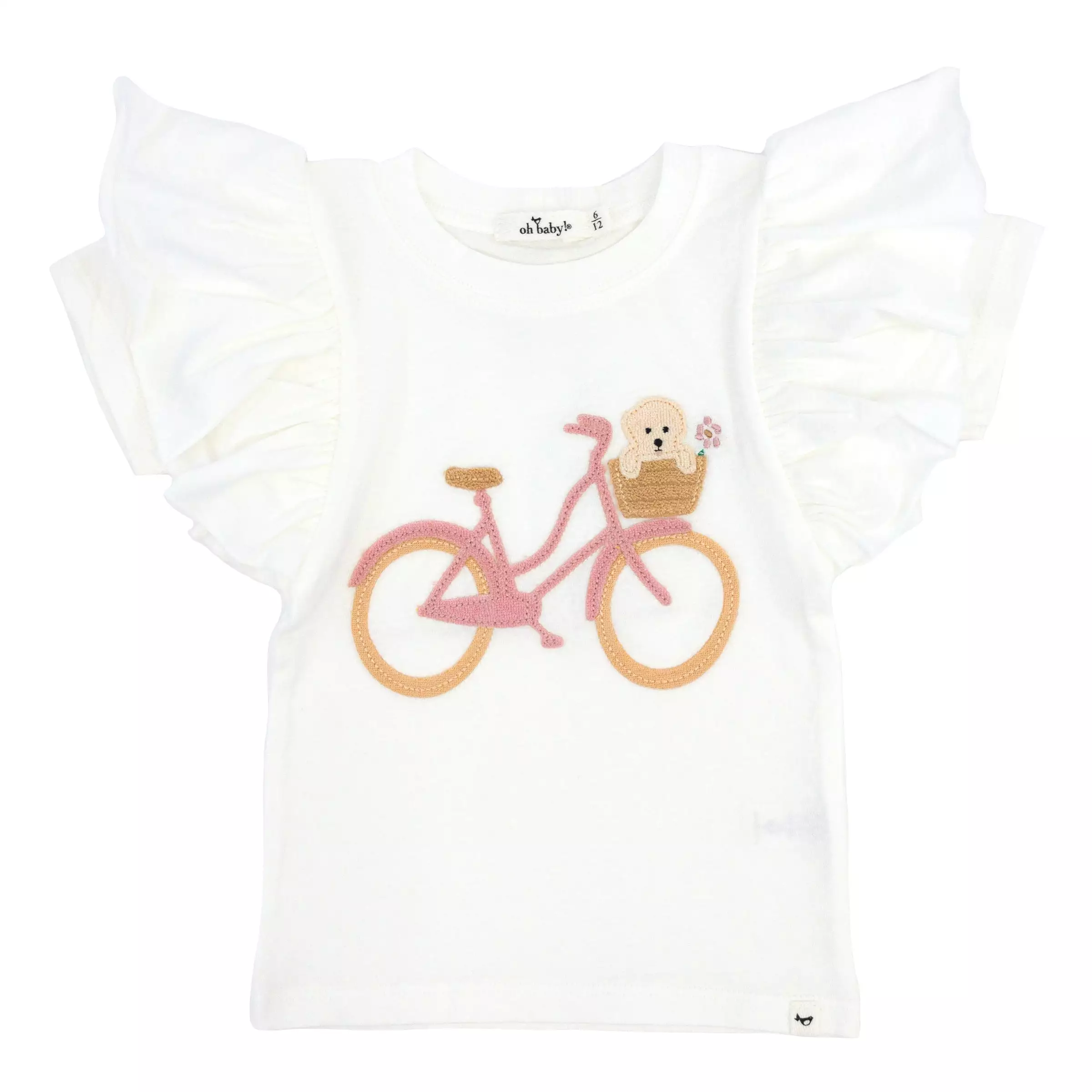 oh baby! Butterfly Short Sleeve Cotton Tee - Bicycle Puppy Basket Applique - Oyster