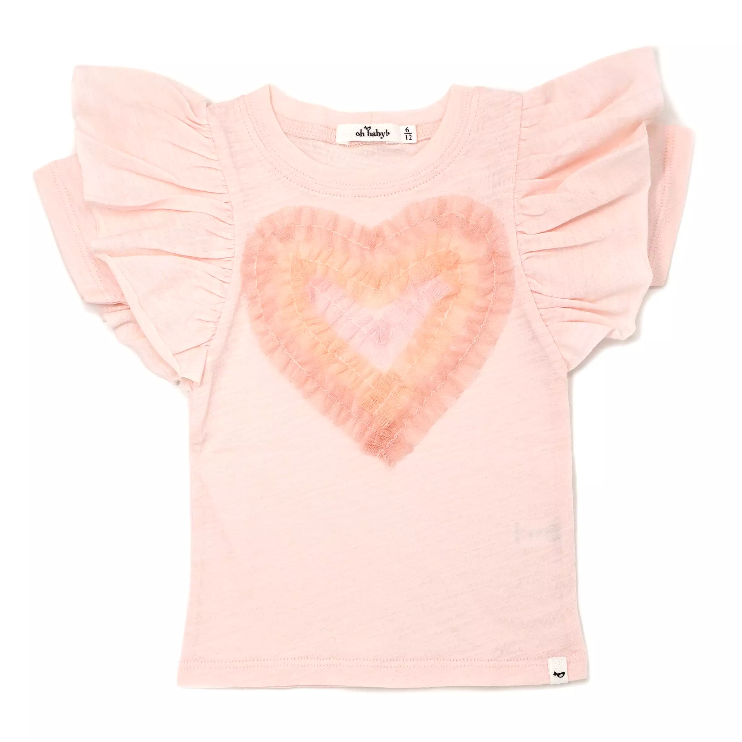 oh baby! Cotton Slub Butterfly Short Sleeve Tee - Tulle Heart Applique - Pale Pink