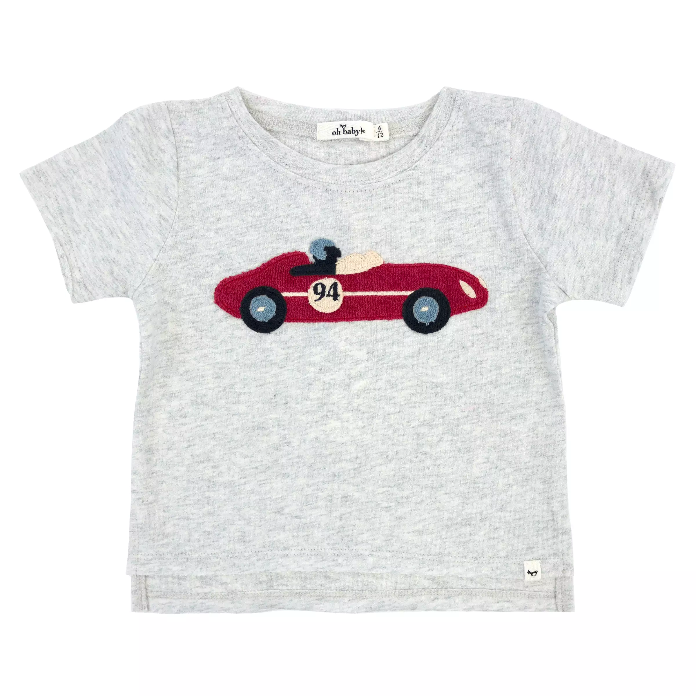 oh baby! Raw Edge Short Sleeve Cotton Slub Tee - Racecar Applique - Heather Gray