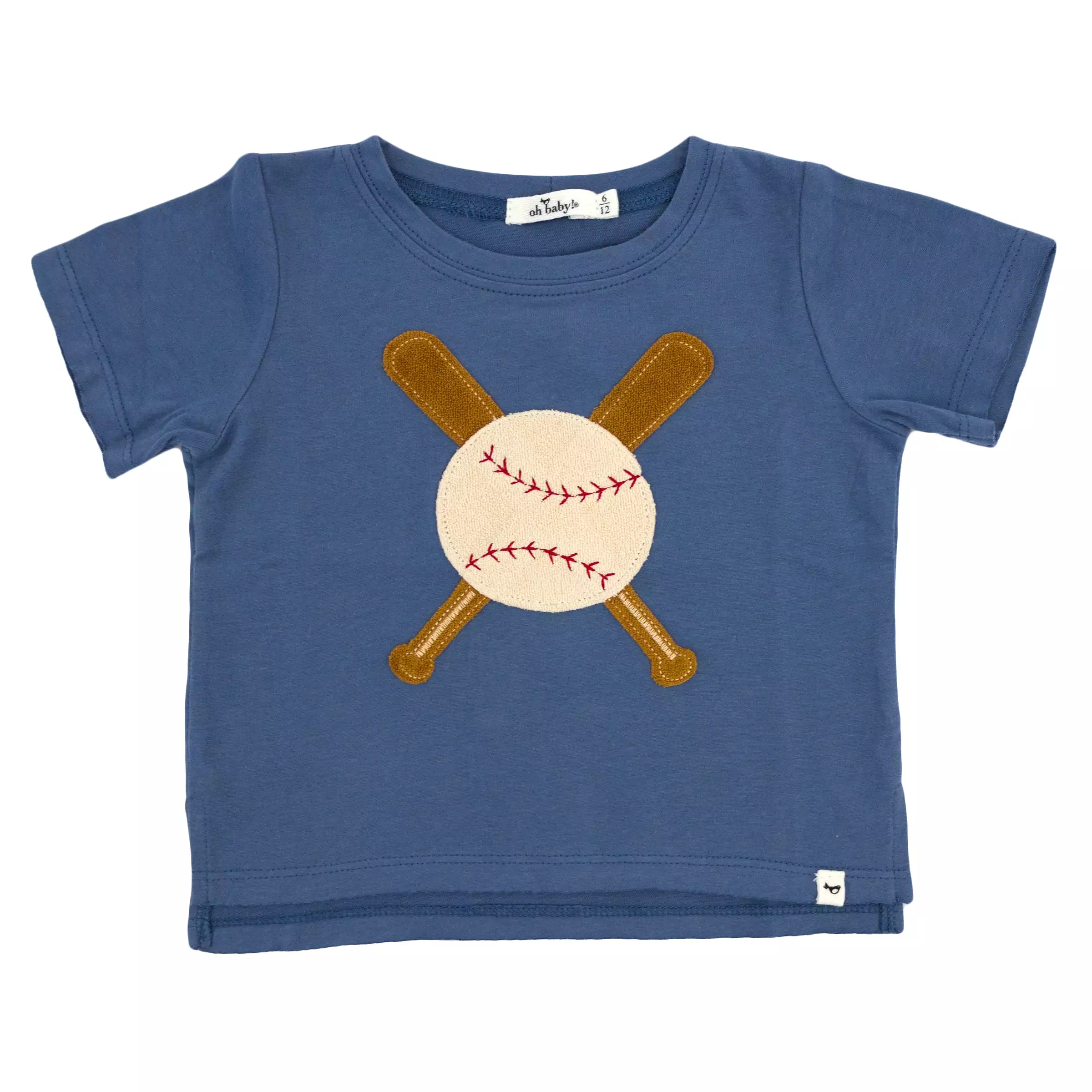 oh baby! Raw Edge Short Sleeve Cotton Slub Tee - Vintage Baseball Applique - Denim