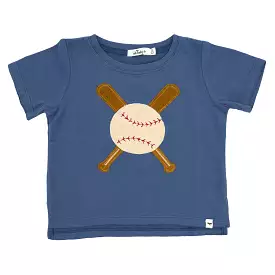 oh baby! Raw Edge Short Sleeve Cotton Slub Tee - Vintage Baseball Applique - Denim