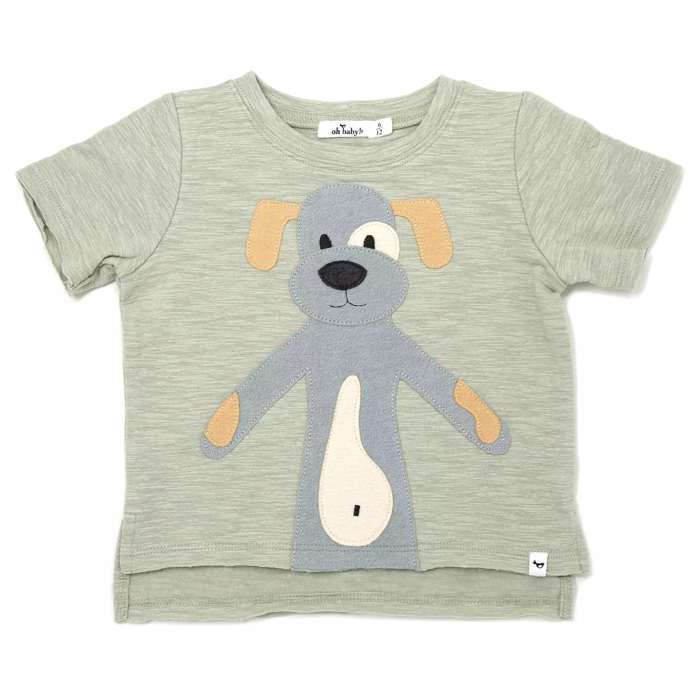 oh baby! Slub Raw Edge Tee - Large Puppy Mist Terry Applique - Sage Heather