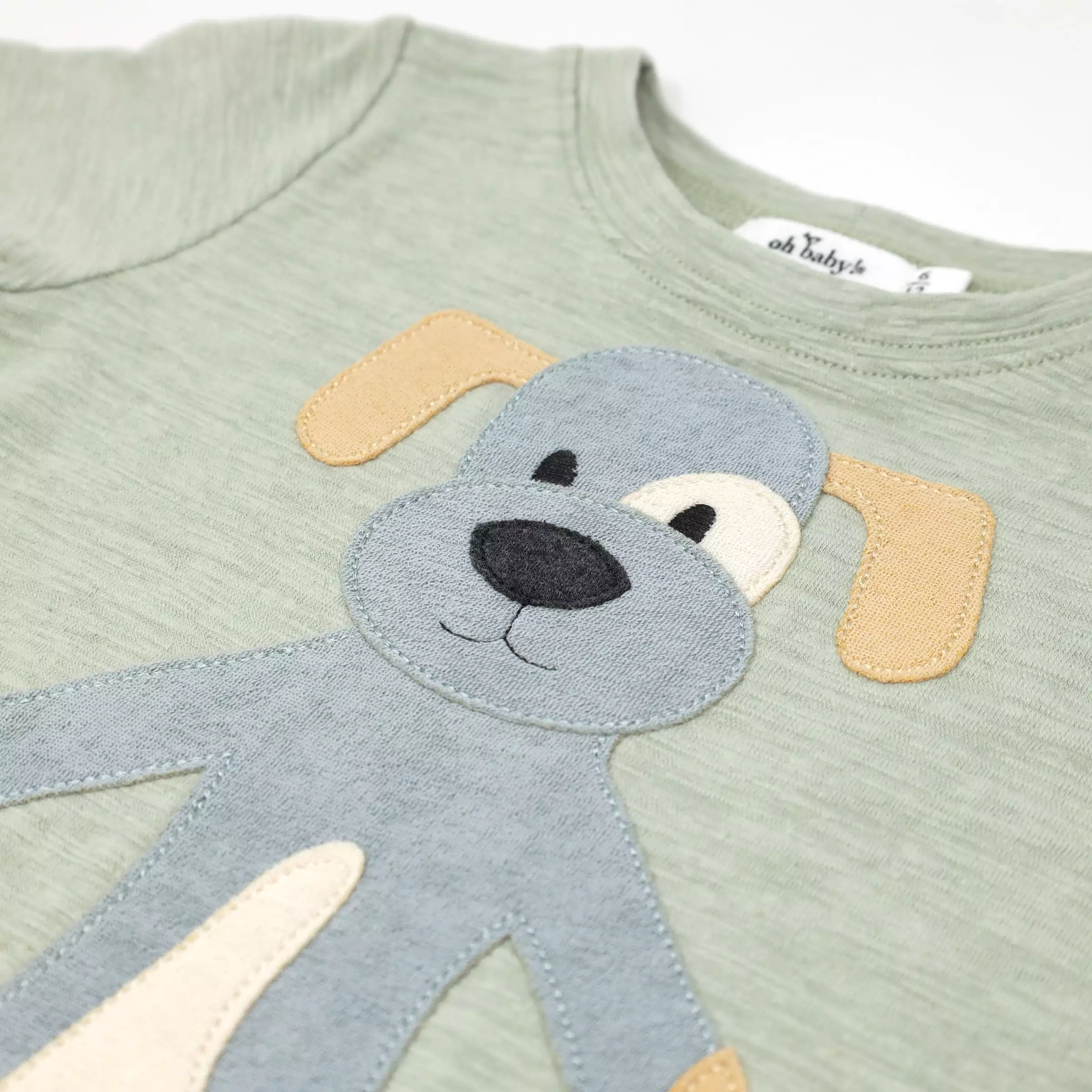 oh baby! Slub Raw Edge Tee - Large Puppy Mist Terry Applique - Sage Heather