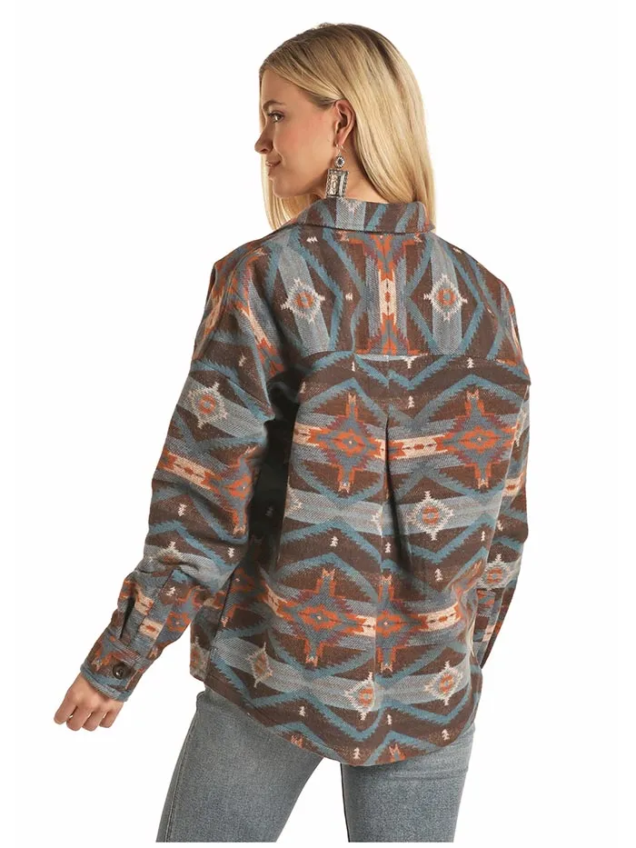 Panhandle 52-2048 Juniors Aztec Print Boyfriend Fit Shirt Jacket Brown