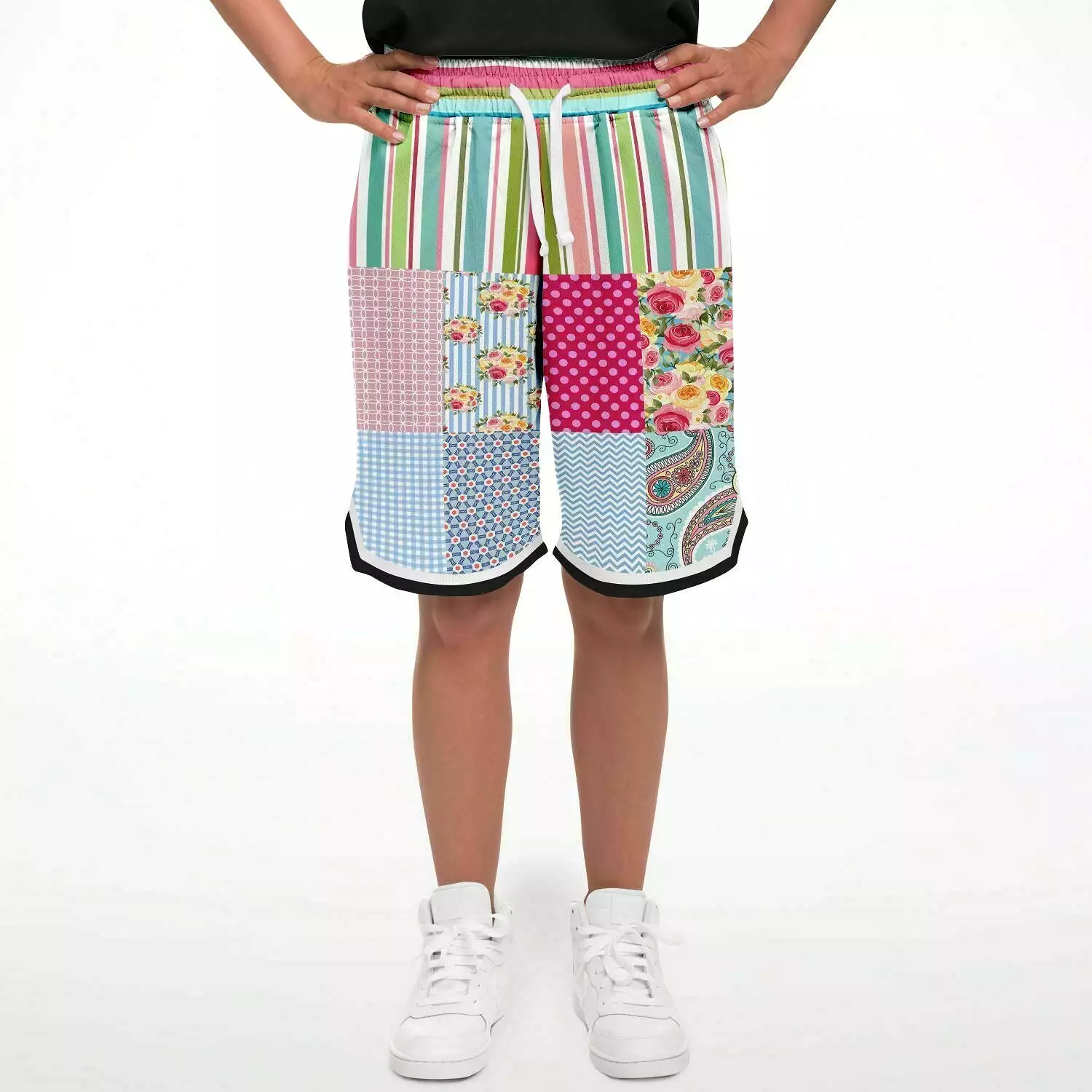 Pink Sherbert Floral Patchwork Plaid Basketball Shorts