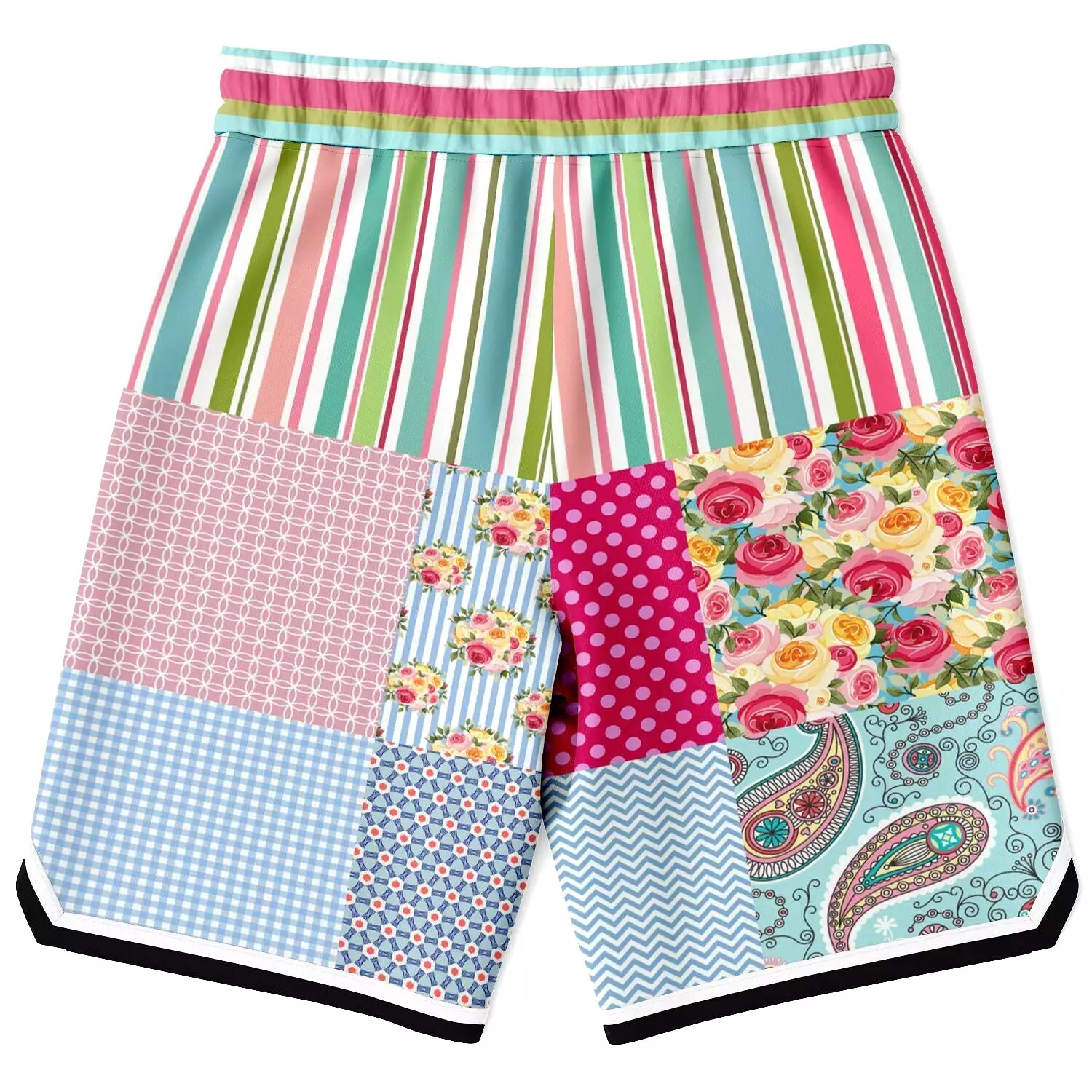 Pink Sherbert Floral Patchwork Plaid Basketball Shorts