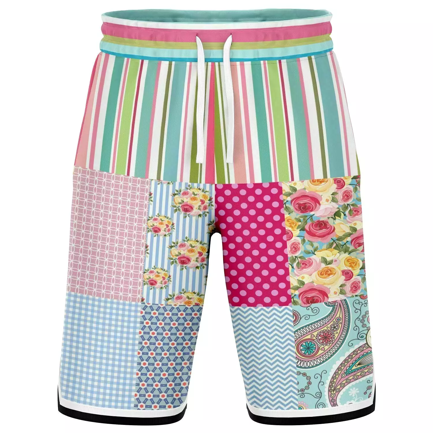 Pink Sherbert Floral Patchwork Plaid Basketball Shorts