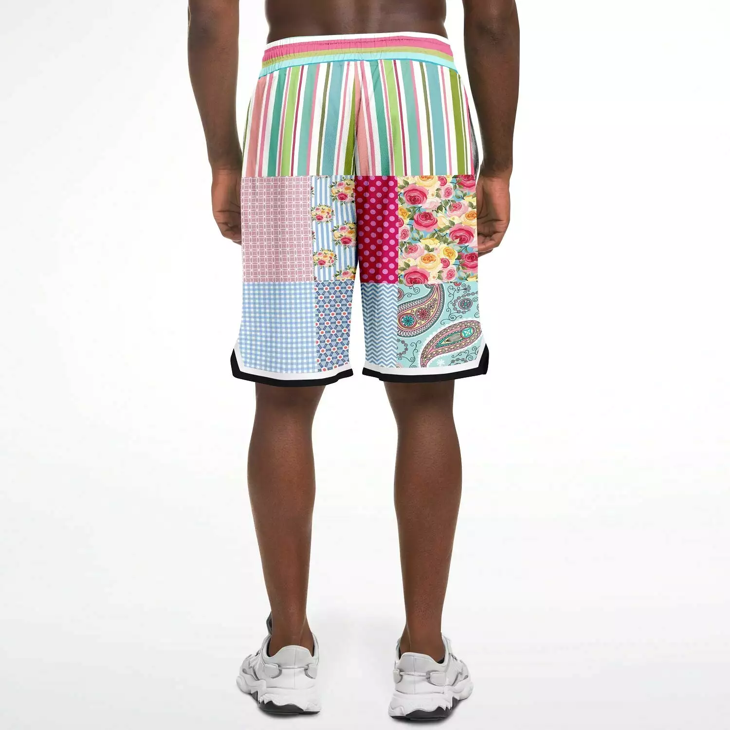 Pink Sherbert Floral Patchwork Plaid Basketball Shorts