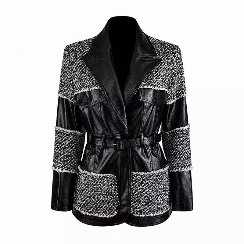 Pu Leather Trimmed Black And White Tweed Jacket