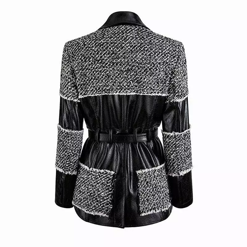 Pu Leather Trimmed Black And White Tweed Jacket