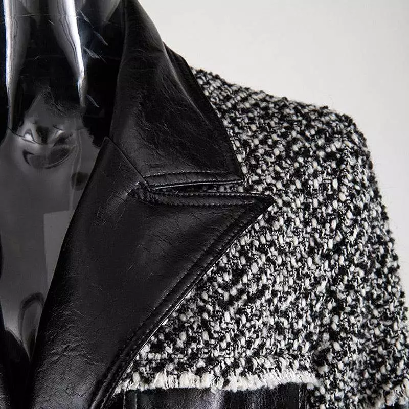 Pu Leather Trimmed Black And White Tweed Jacket