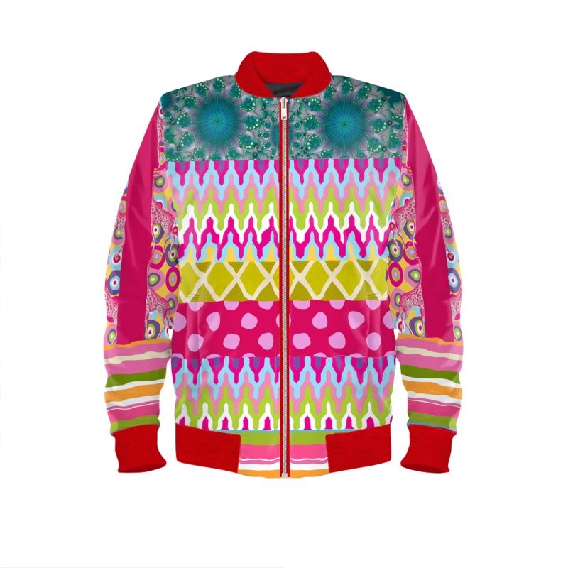 Red Calypso Patchwork Unisex Satin Bomber Jacket