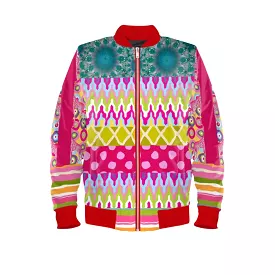 Red Calypso Patchwork Unisex Satin Bomber Jacket