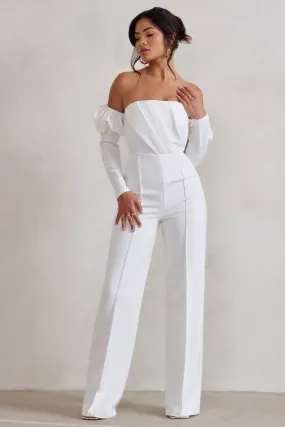 Reema | White Bardot Puff Long Sleeve Jumpsuit