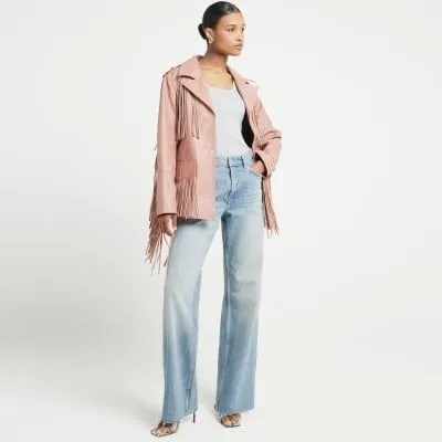 River Island Womens Pink Leather Tassel Belted Jacket