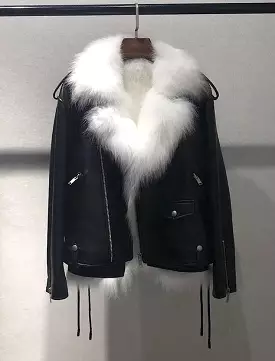 Sheepskin Leather Biker Jacket With Fox Fur Vest Lining