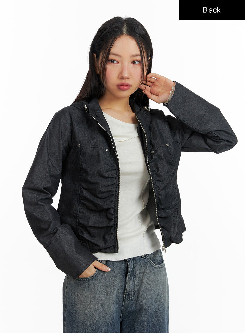 Shirring Hooded Zip-Up Bomber Jacket CF408