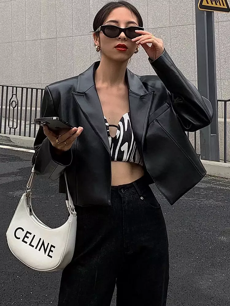 Short Leather Jackets Black Casual Short Soft Light Pu Leather Jacket with Long Sleeve Spring 2022 Womens Fashion Blazer Autumn 