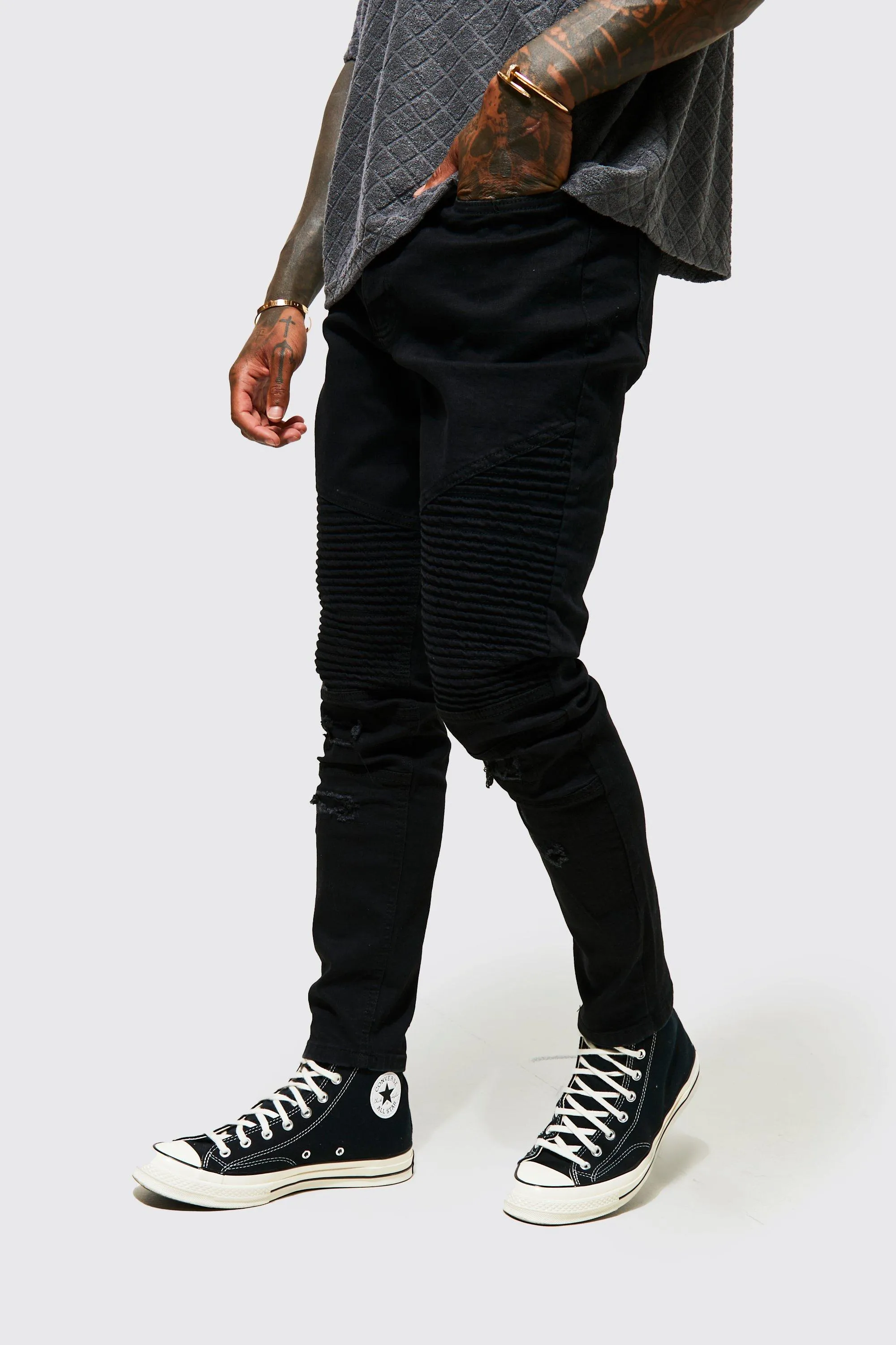 Skinny Stretch Biker Jeans With Abrasions | boohooMAN UK