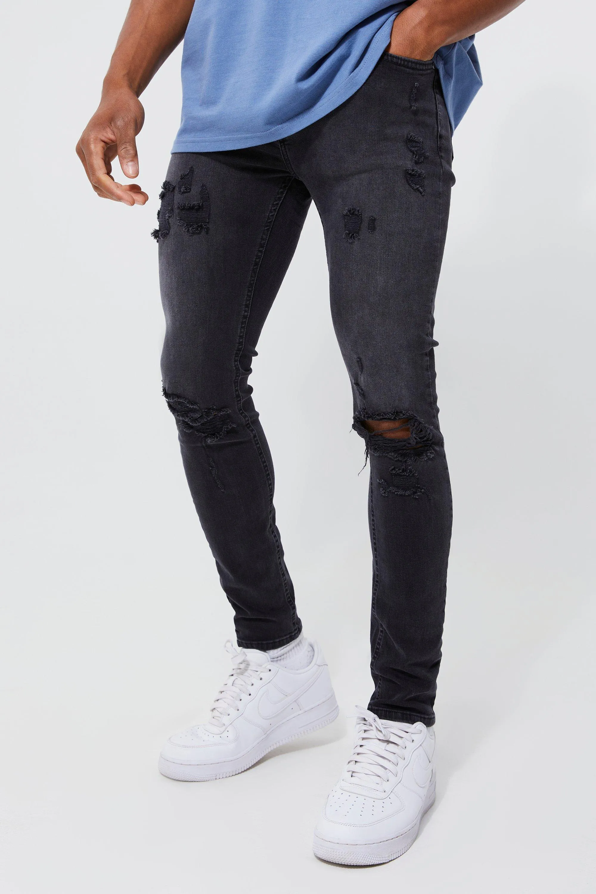 Skinny Stretch Extreme Knee Rip Jeans | boohooMAN UK