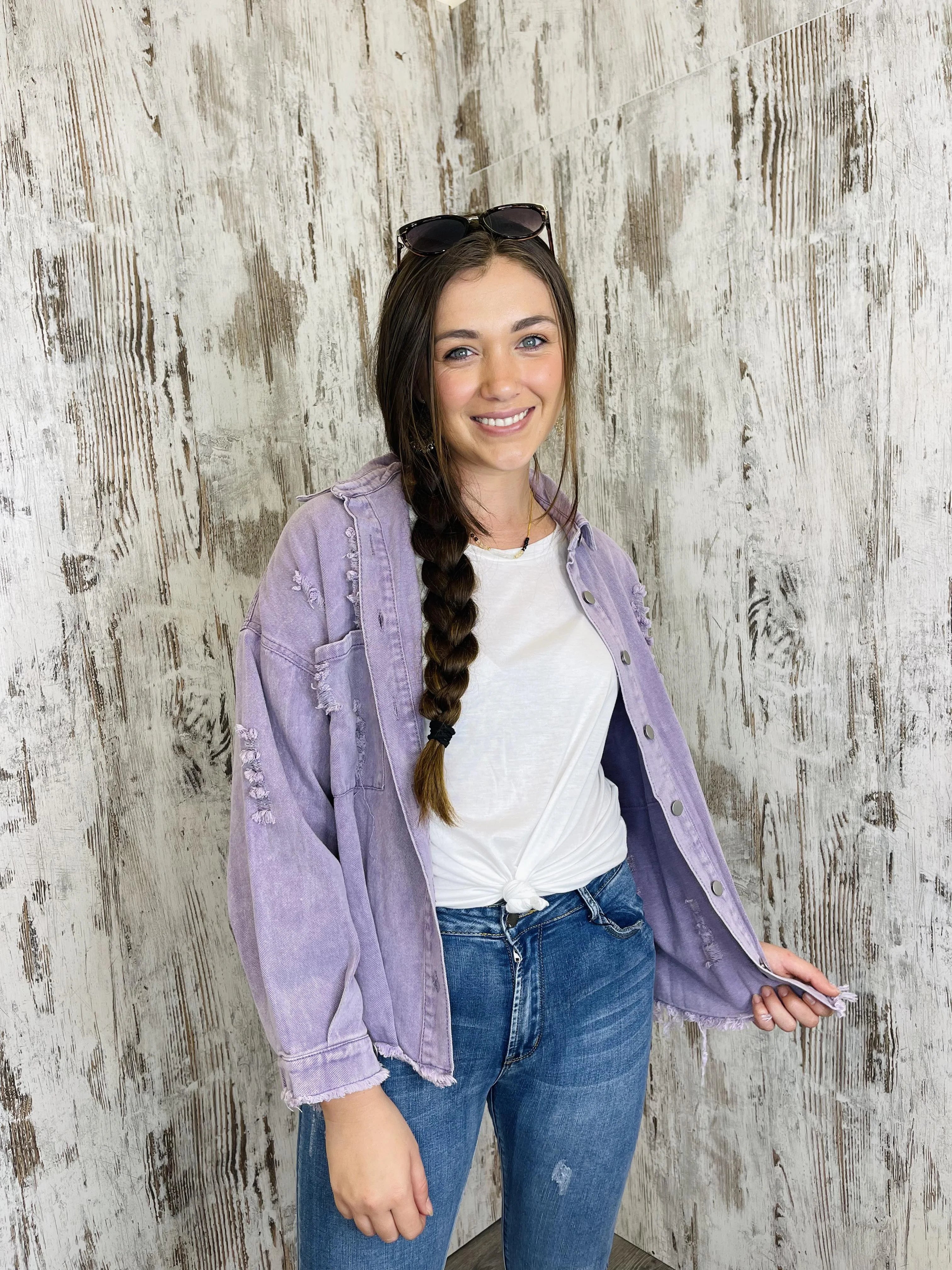 Spirit Distressed Denim Jacket - Lilac