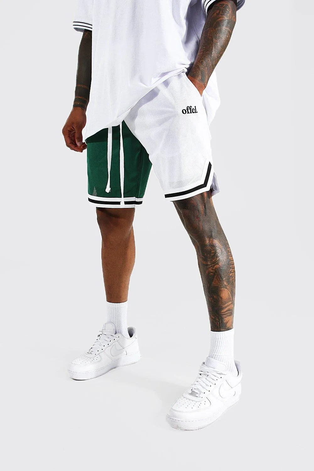 Spliced Offcl Mesh Basketball Tape Shorts | boohooMAN UK