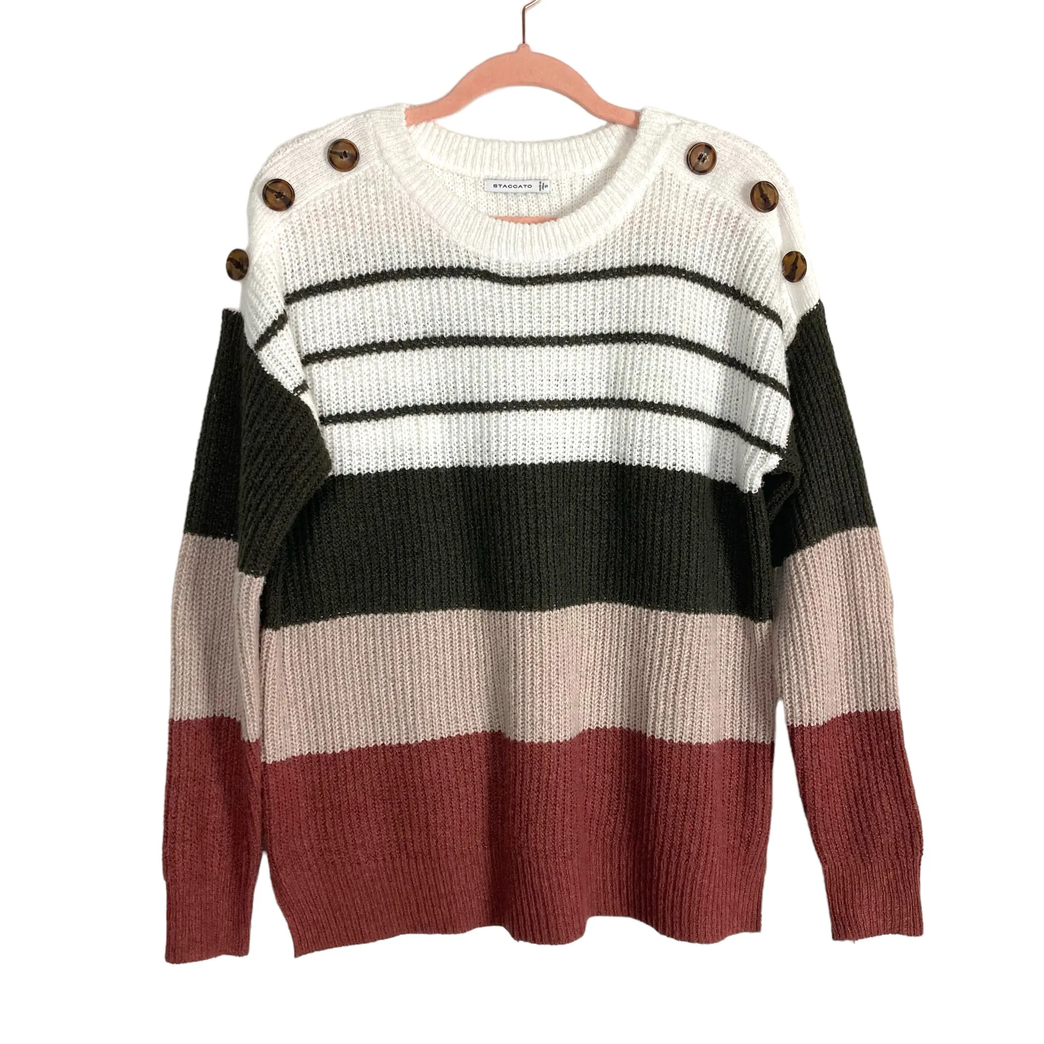 Staccato White/Olive/Beige/Brown Color Block with Shoulder Button Detail Sweater- Size S