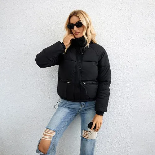 Style Korean Style Short Stand Collar Small Down Cotton-padded Jacket Women's Simple Loose Zipper Bread Coat Cotton-padded J