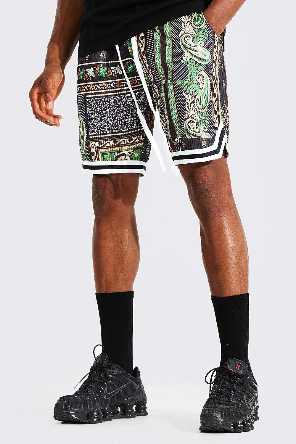 Tapestry Mesh Basketball Tape Shorts | boohooMAN UK