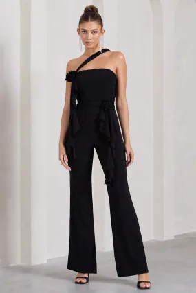 Tia | Black Asymmetric Sleeveless Flared-Leg Jumpsuit With Flowers