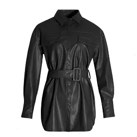 Vegan Leather Button Down Belted Jacket