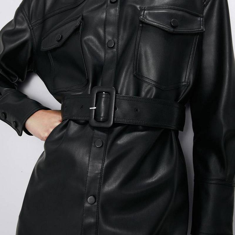 Vegan Leather Button Down Belted Jacket