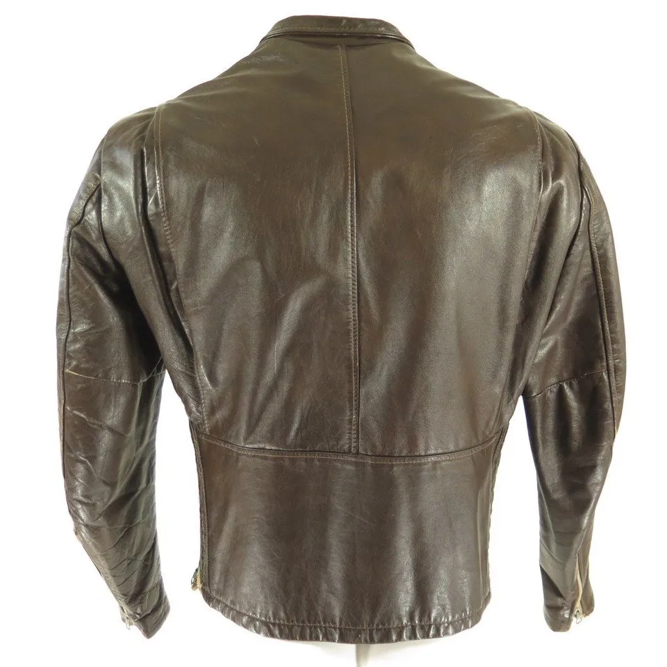 Vintage 60s Cafe Racer Motorcycle Leather Jacket Mens 40 Biker Brown Side Zip