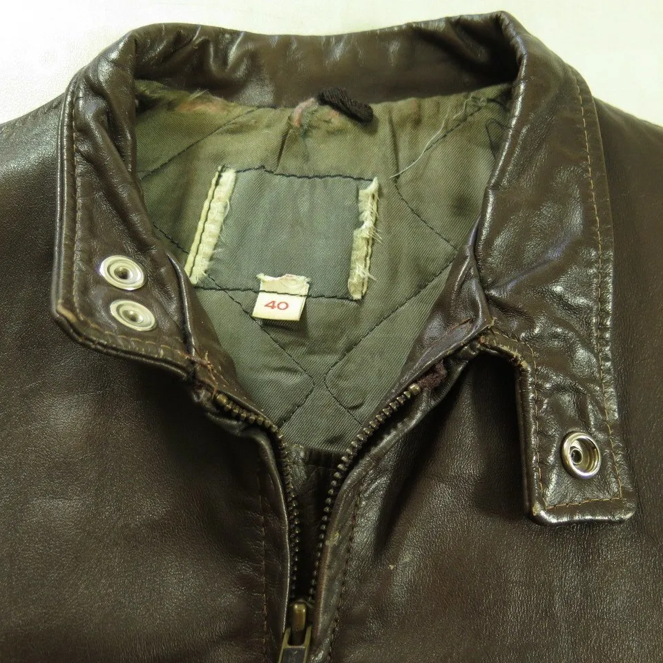 Vintage 60s Cafe Racer Motorcycle Leather Jacket Mens 40 Biker Brown Side Zip