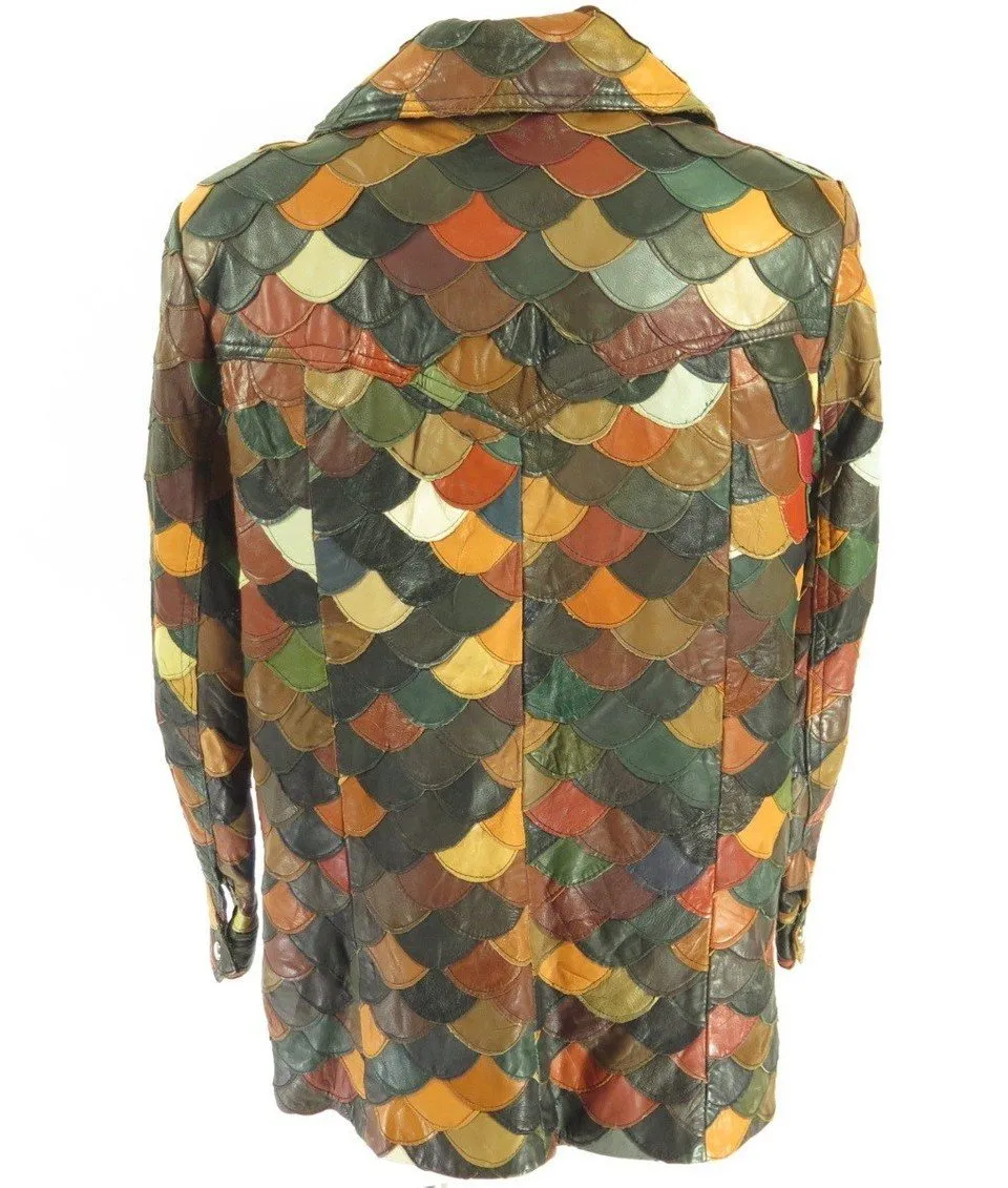 Vintage 60s Fish Scale Leather Jacket Womens 14 Patchwork Hippie