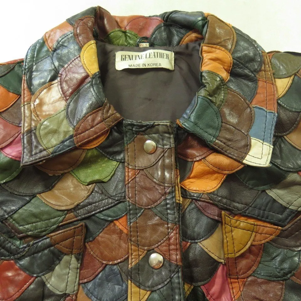 Vintage 60s Fish Scale Leather Jacket Womens 14 Patchwork Hippie