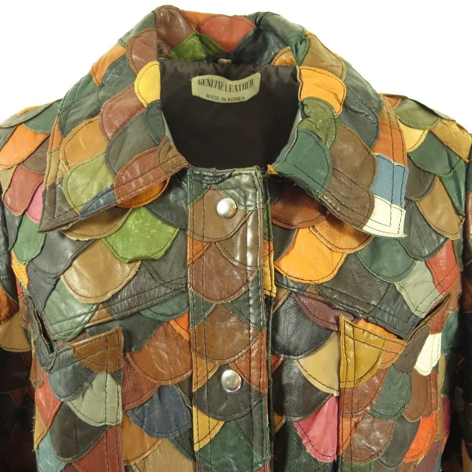 Vintage 60s Fish Scale Leather Jacket Womens 14 Patchwork Hippie