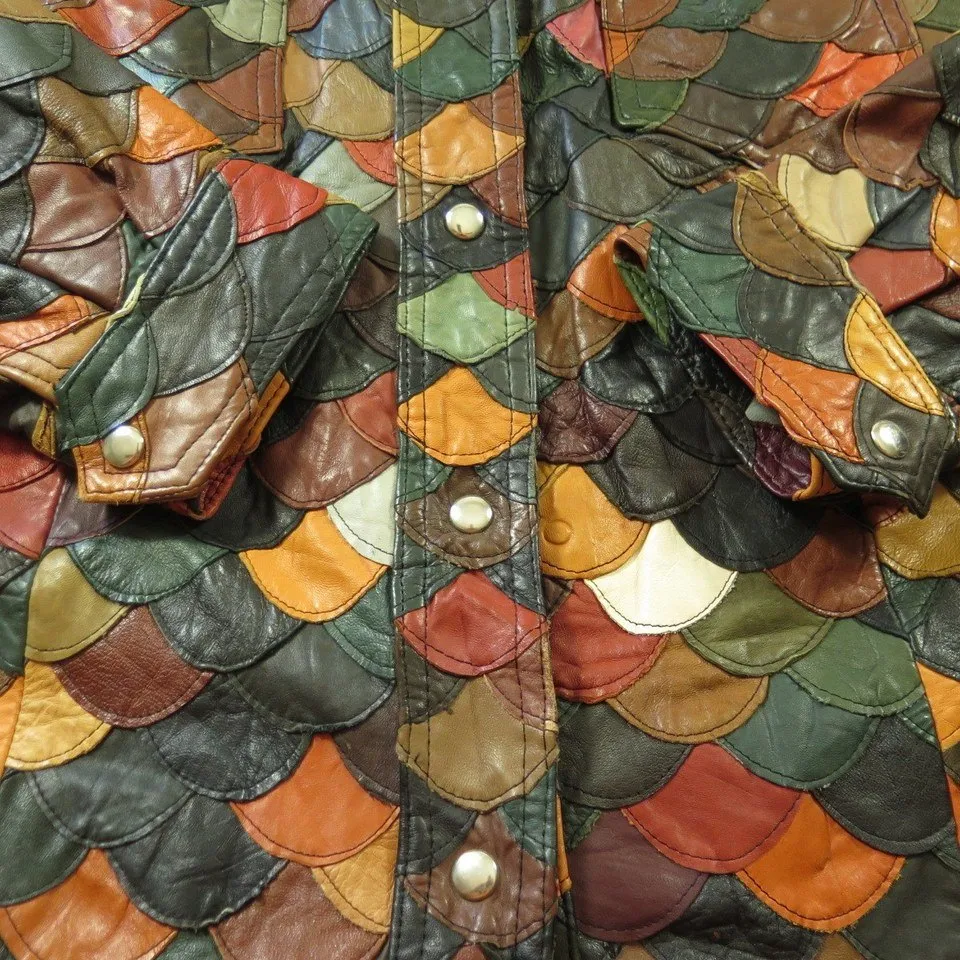 Vintage 60s Fish Scale Leather Jacket Womens 14 Patchwork Hippie