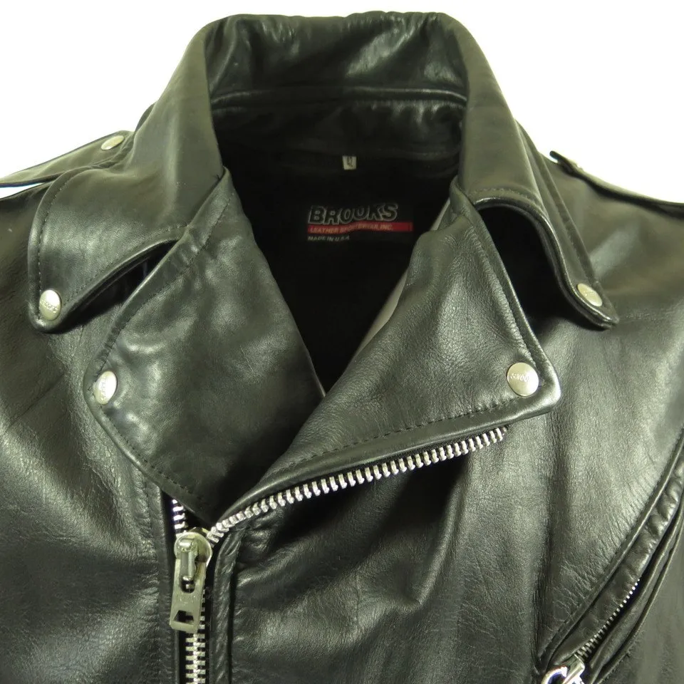 Vintage 80s Brooks Motorcycle Biker Leather Jacket Mens 42 W Belt Fleece Liner