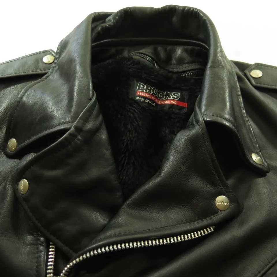 Vintage 80s Brooks Motorcycle Biker Leather Jacket Mens 42 W Belt Fleece Liner