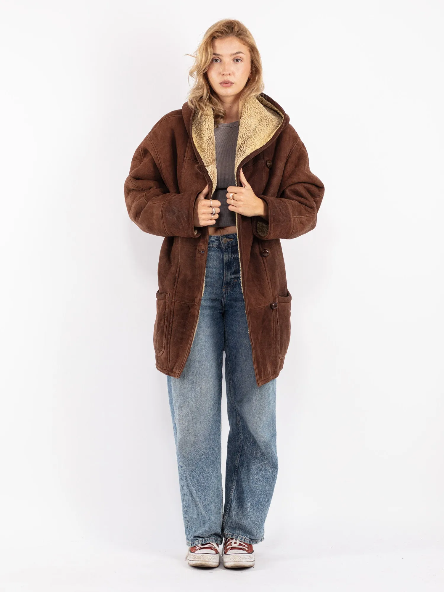 Vintage 80's Women Hooded Sheepskin Coat in Brown