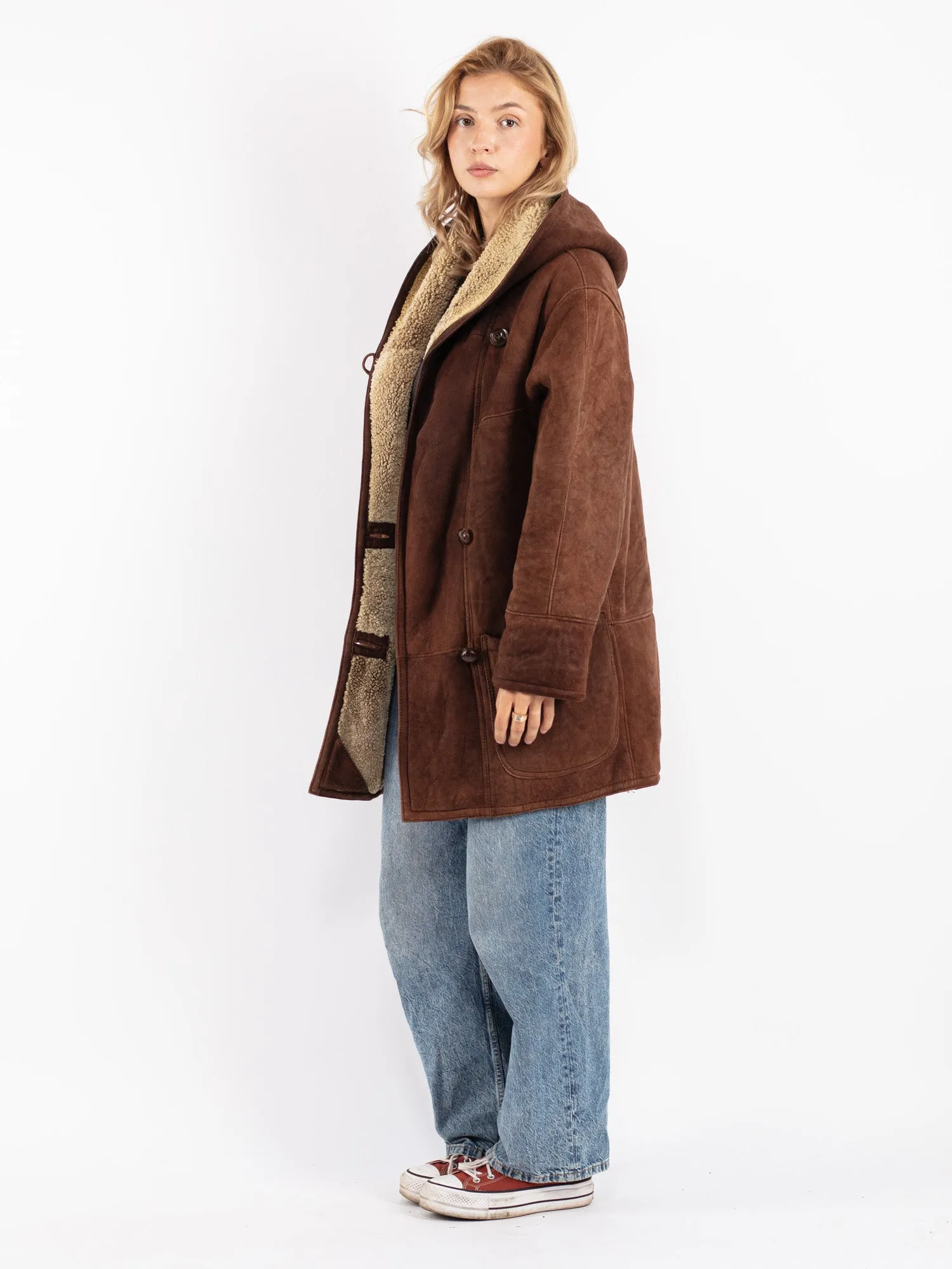 Vintage 80's Women Hooded Sheepskin Coat in Brown