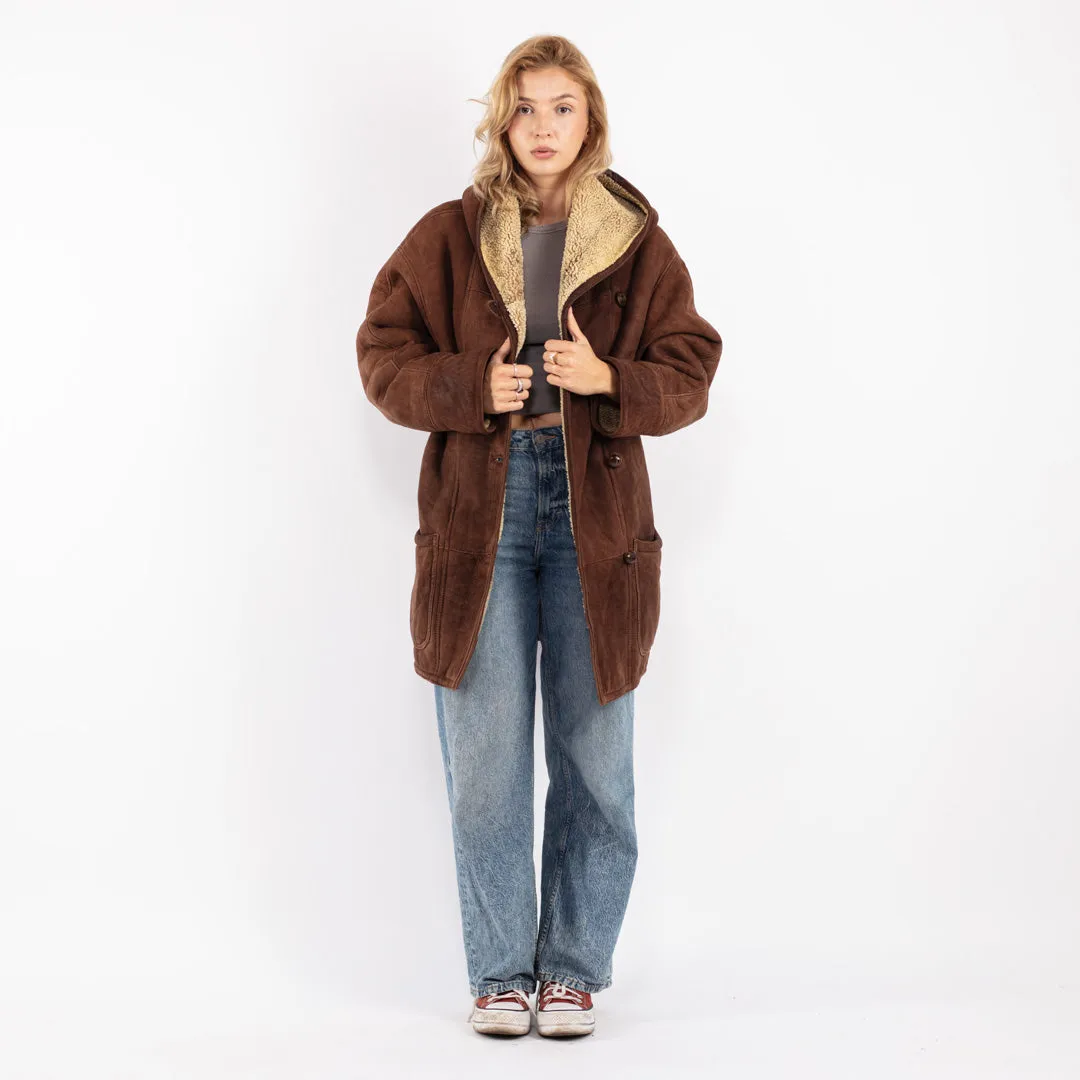 Vintage 80's Women Hooded Sheepskin Coat in Brown